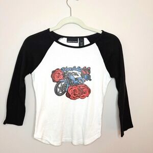 VTG Y2K DKNY JEANS Baseball Tee 3/4 Sleeves Babydoll Roses Embellished SZ M